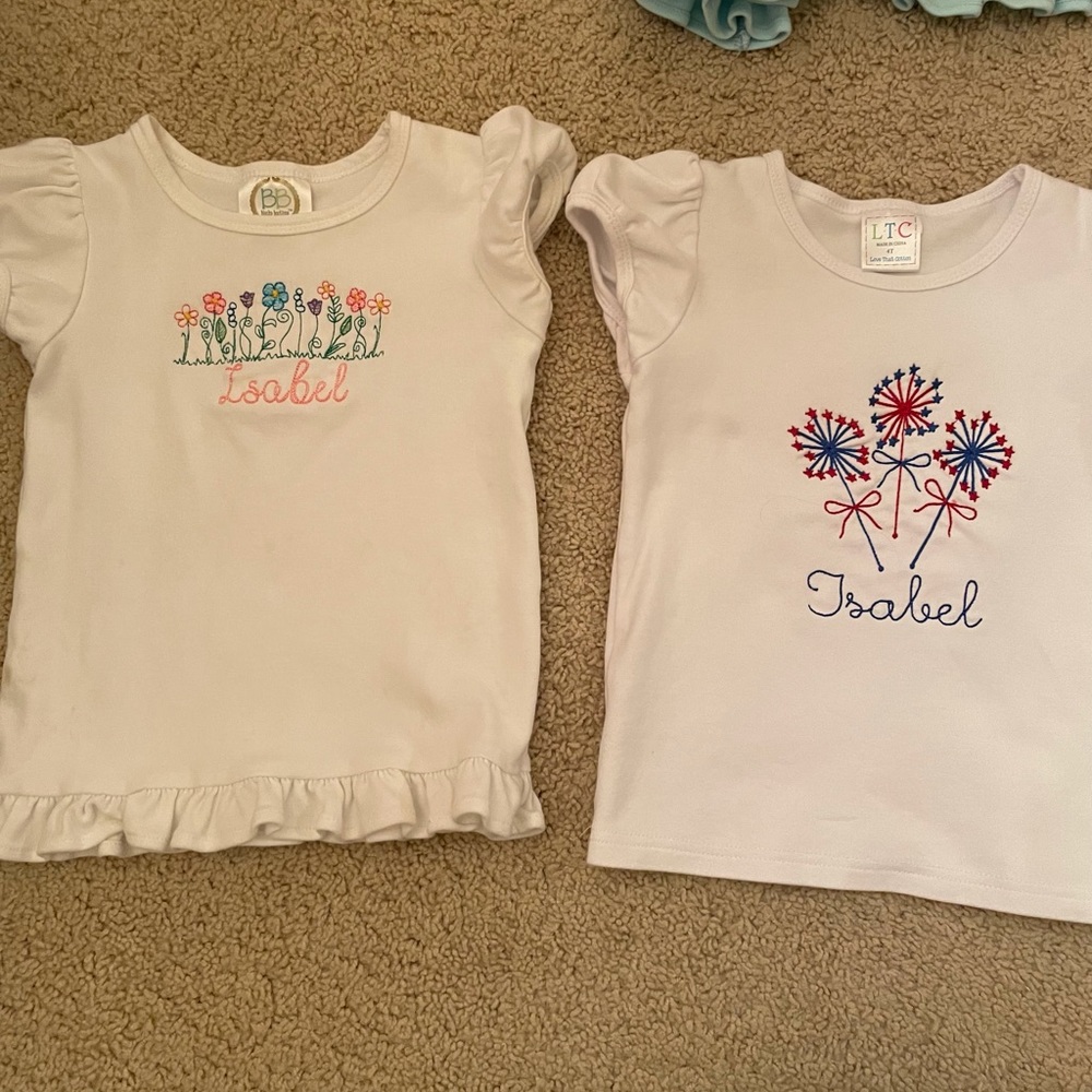 “Isabel” monogrammed spring time and 4th of July/Memorial Day white tshirts
